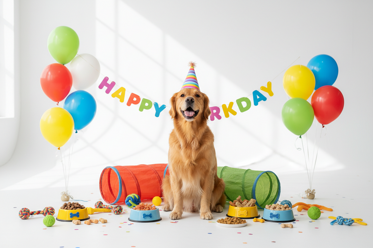Pet birthday set with toys, treats, and decorations for celebrating special occasions