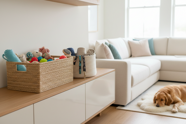 Storage basket organizing pet toys and accessories in a clean home environment