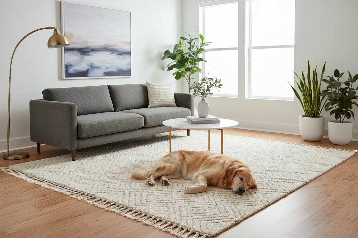 Dog resting on a soft pet-friendly rug in a clean and cozy home environment