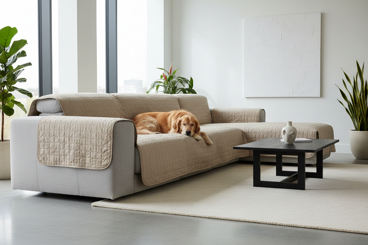 Dog relaxing on a sofa with a protective furniture cover to prevent hair and scratches