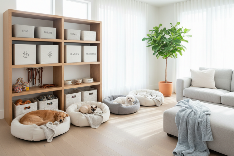 Pet-friendly home essentials including storage, blankets, and furniture protection items