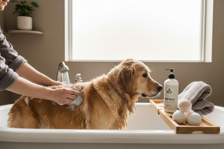 Dog being bathed using pet bath accessories for safe and comfortable grooming