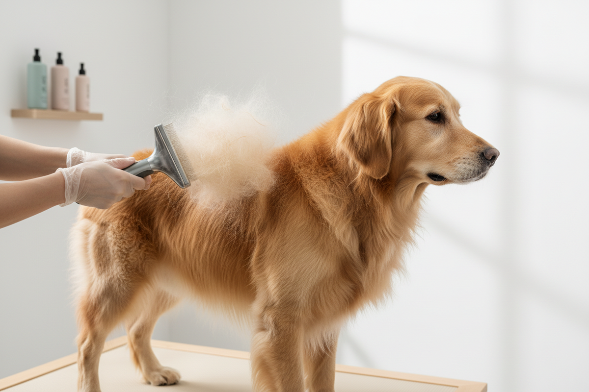 Deshedding tool removing loose fur from a dog for effective shedding control
