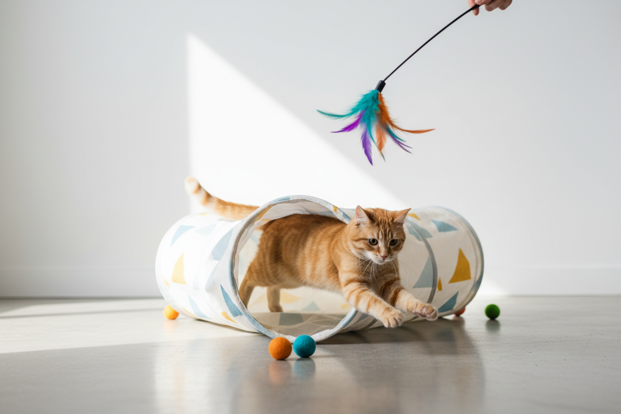 Cat playing with a tunnel and teaser toy for active and engaging play