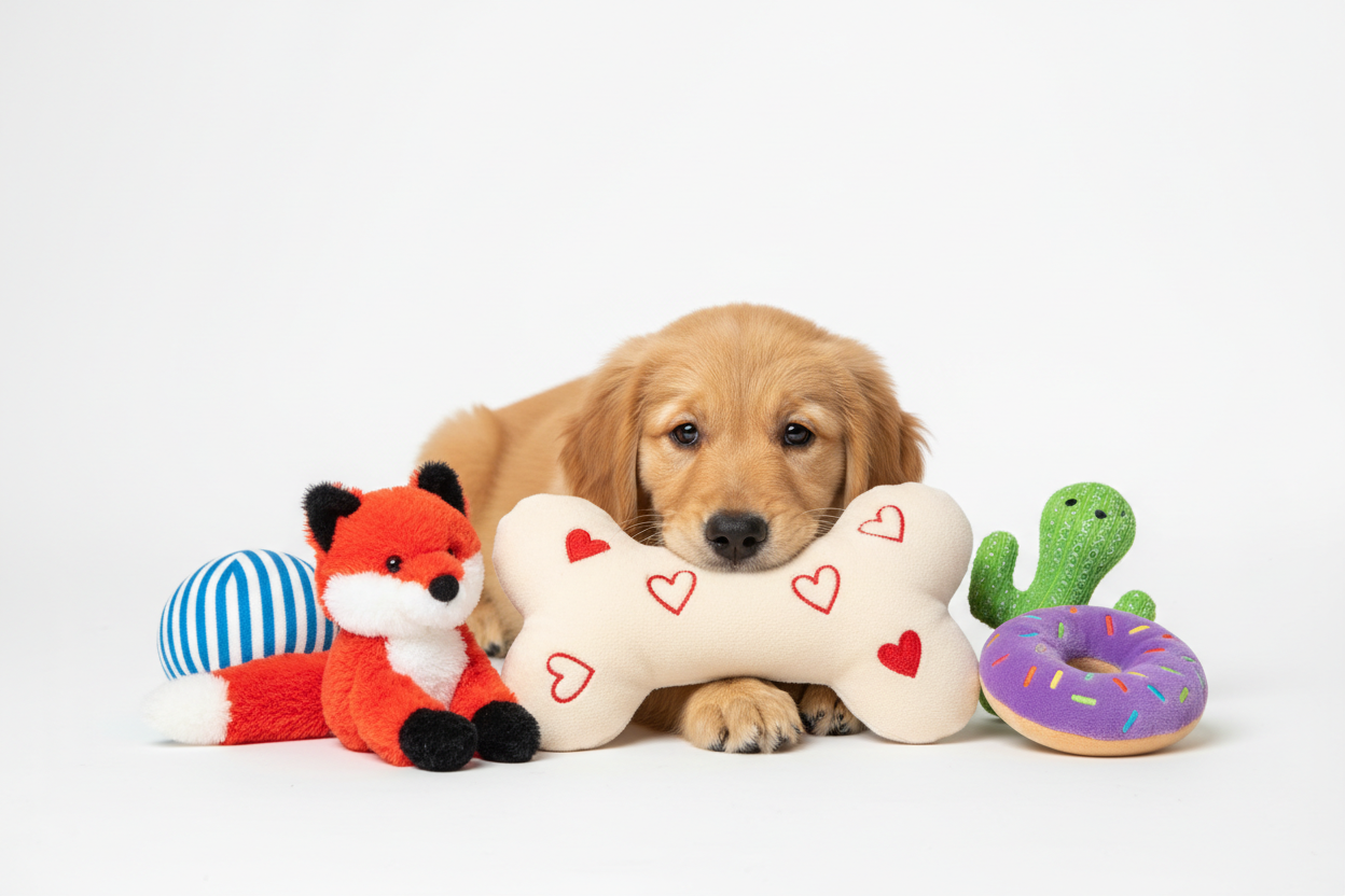 Puppy playing with soft plush toys designed for comfort and gentle play