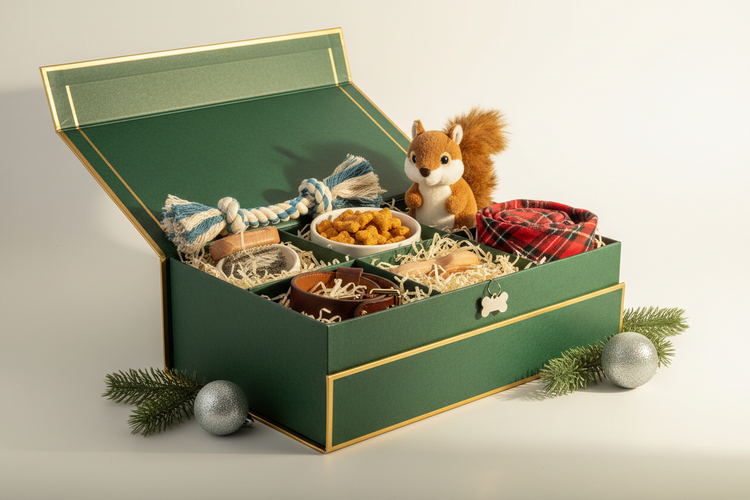 Pet gift box filled with toys, treats, and accessories for special occasions