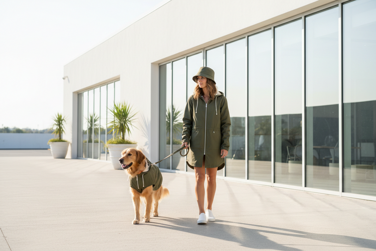Person and dog wearing matching outfits showcasing a stylish and fun bond