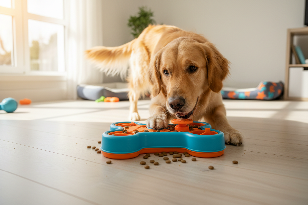 Dog using a puzzle feeder to slow eating and stimulate mental activity