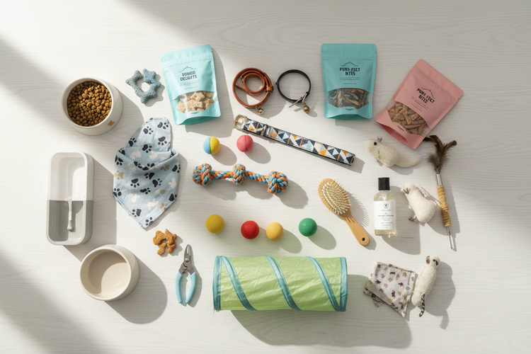 Giftable pet products including toys, accessories, and essentials for dogs and cats