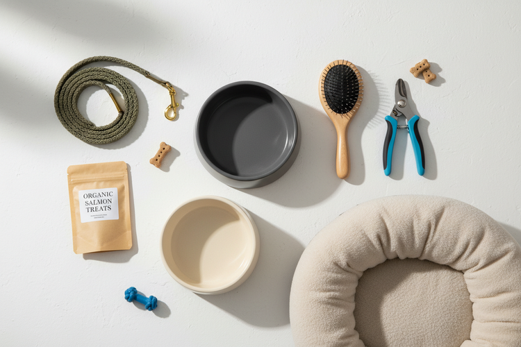 Pet starter sets with essential items for feeding, grooming, and everyday care