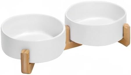 SPUNKYJUNKY Ceramic Dog and Cat Bowl with Wood Stand Non-Slip Matte Glaze Weighted Food Water Set for Cats &Small Dogs 13.5 OZ