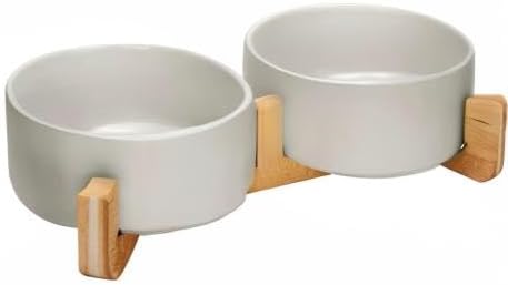 SPUNKYJUNKY Ceramic Dog and Cat Bowl Set with Wooden Stand, Modern Cute Weighted Food Water Set for Large Size Dogs (7.6 Cups, 2 × Grey)