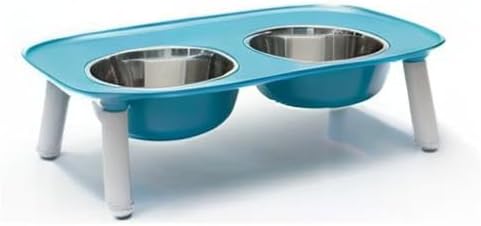 Messy Mutts Elevated Double Feeder with Stainless Bowls | Adjustable Height 3”, 5”, or 10” | Adjustable Standing Feeder for Dogs | 5 Cups per Bowl | Blue