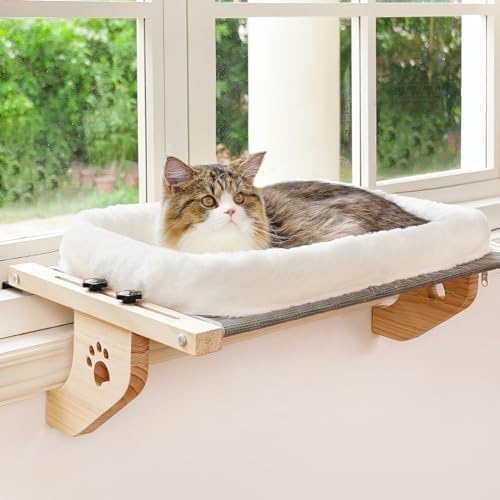 Cat Window Hammock, Wooden Stand Mounted Pet Bed, White
