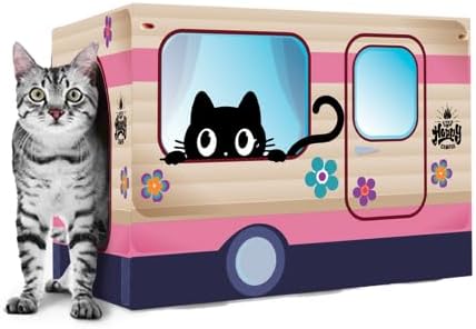 Camper Cardboard Cat House and Scratcher, Play House, Scratching Pad, Corrugated Hideaway Cave, Cute Kitty Condos Box, Bed for Indoor Cats, Kittens, Bunny, Fur Babies