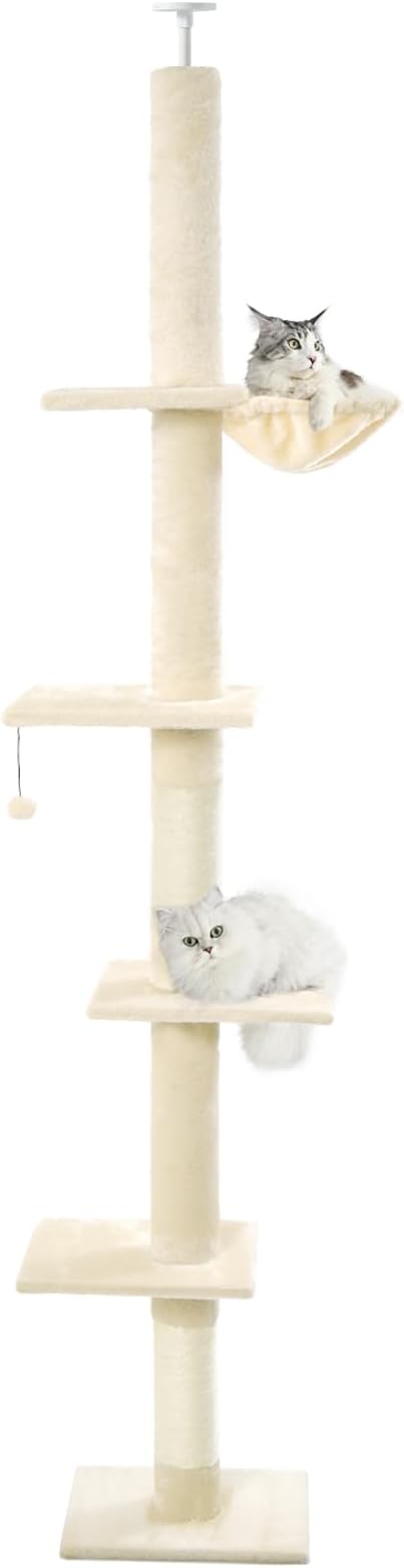 Cat Craft Floor to Ceiling Cat Tree,5 Tiers Tall Cat Tower with Adjustable Height(98-110),Skinny Ceiling Cat Tree with Cozy Hammock,Sisal Scratching Posts,Platforms,and Hanging Balls for Large Cats