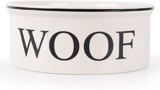 Ceramic Dog Bowl with Bone Pattern - 8" Extra Large Food Water Bowl for Medium and Large Dogs, Weighted, Microwave & Dishwasher Safe, 55 oz (Beige)