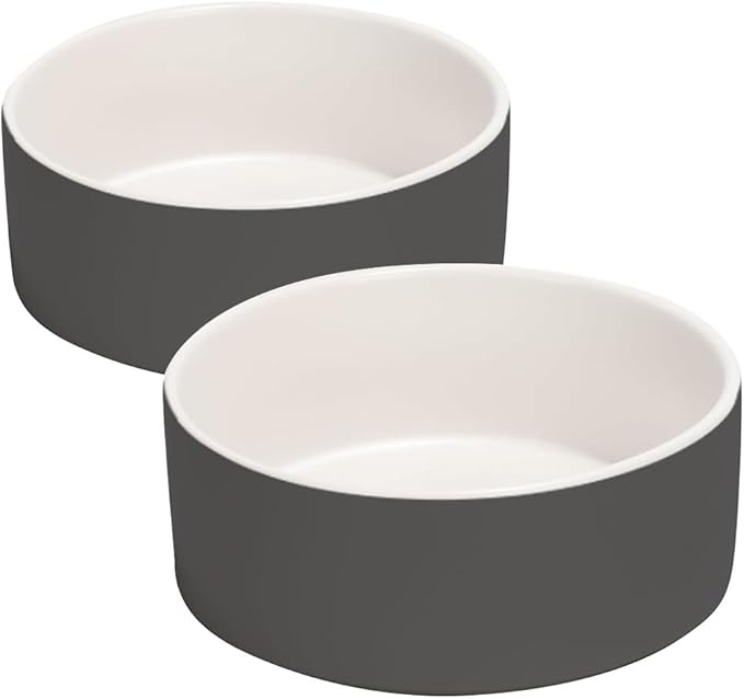 SPUNKYJUNKY 13.5OZ Ceramic Dog and Cat Bowl, Modern Cute Weighted Food Water Bowl for Replacement White-Grey (2 Pack)