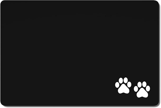Rnivvi Dog Food Mat, 16" x 24" Footprint Absorbent Dog Cat Bowl Mat for Food and Water, Cute Anti-Slip Rubber Pet Feeding Rug Protect Floors, Puppy Placemat for Feeding & Watering Supplies, Black