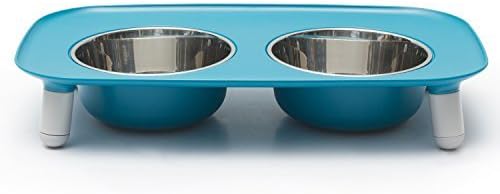 Messy Mutts Elevated Double Feeder with Stainless Bowls | Adjustable Height 3”, 5”, or 10” | Adjustable Standing Feeder for Dogs | 5 Cups per Bowl | Blue