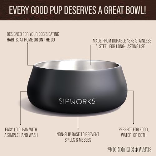 Sipworks Stainless Steel Dog Bowl – 32oz Weighted Metal Food and Water Bowls for Dogs and Cats with Non-Slip Base - Pet Bowls for All Breeds Sizes for Travel & Outdoor Play | Oyster