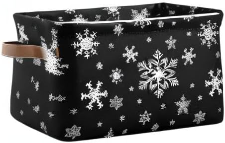 Winter Snowflake Black Storage Basket Fabric Kitchen Baskets Christmas Holiday Open Home Storage Bins Boxes Foldable Organizer Bag for Baby Cloth Xmas Baskets 16×12×8 Inches