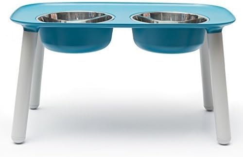 Messy Mutts Elevated Double Feeder with Stainless Bowls | Adjustable Height 3”, 5”, or 10” | Adjustable Standing Feeder for Dogs | 5 Cups per Bowl | Blue