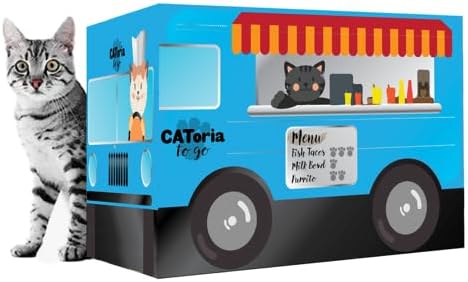 Food Truck Cardboard Cat House and Scratcher, Play House, Scratching Pad, Corrugated Hideaway Cave, Cute Kitty Condos Box, Bed for Indoor Cats, Kittens, Bunny, Fur Babies