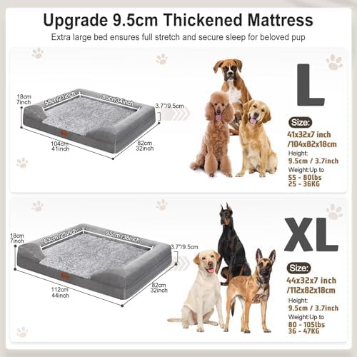 Gimars 3.7in Thickened Orthopedic Dog Bed for Large Dogs, Supportive L Dog Sofa Bed with Bolster & 28D Egg-Crate Mattress, Waterproof Lining, Washable Plush Cover for Arthritic Dogs