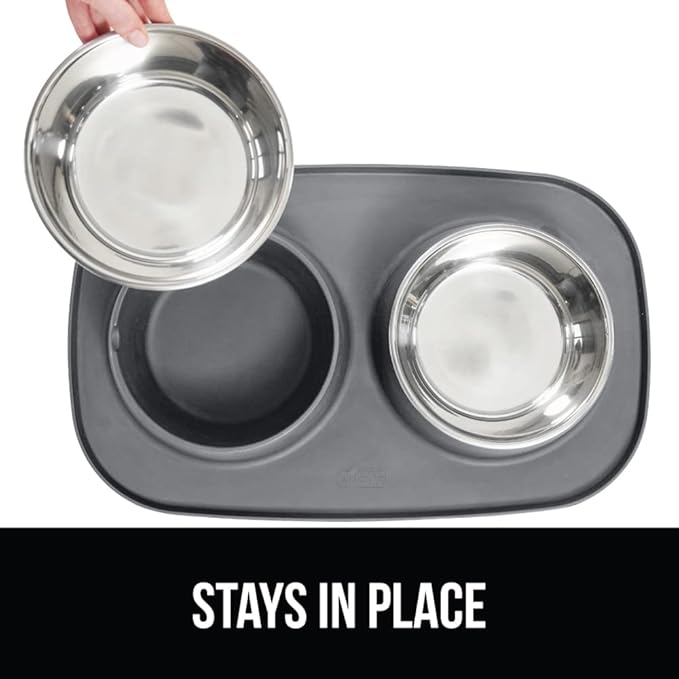 GORILLA GRIP Feeding Mat Set, Patent Pending 100% Waterproof BPA Free Silicone, Stainless Steel Cat and Dog Bowls, Slip Resistant, High Edges Catch Water Food, US Designed Pet Accessories, 1 Cup Gray