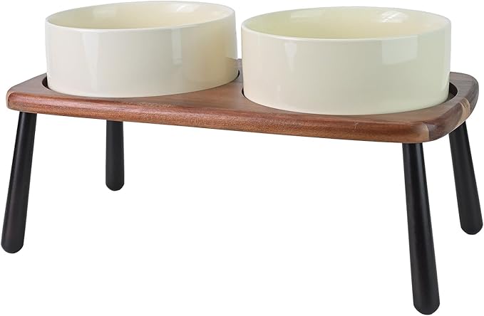 SPUNKYJUNKY Ceramic Elevated Dog Bowls Raised with Acacia Bamboo Wooden Stand, 8.3'' Dog Food Water Bowls Set Non-Slip for Medium Large Sized Breed Microwave Dishwasher Safe - 60 OZ,Beige