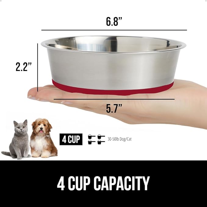 GORILLA GRIP Dog Bowls, Holds 4 Cups Each (32 fl oz), Heavy Duty Stainless Steel Food and Water Bowl for Feeding Dogs and Cats, Dishwasher Safe, Rust Resistant, BPA Free Rubber Base, Set of 2 Red