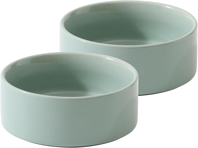 Ceramic Set of 2 Dog Bowls, Food and Water Bowls for Dogs, Puppy, 2pcs Dog Dishes, Pet Feeder(6inch, 2 x Light Green Bowls)
