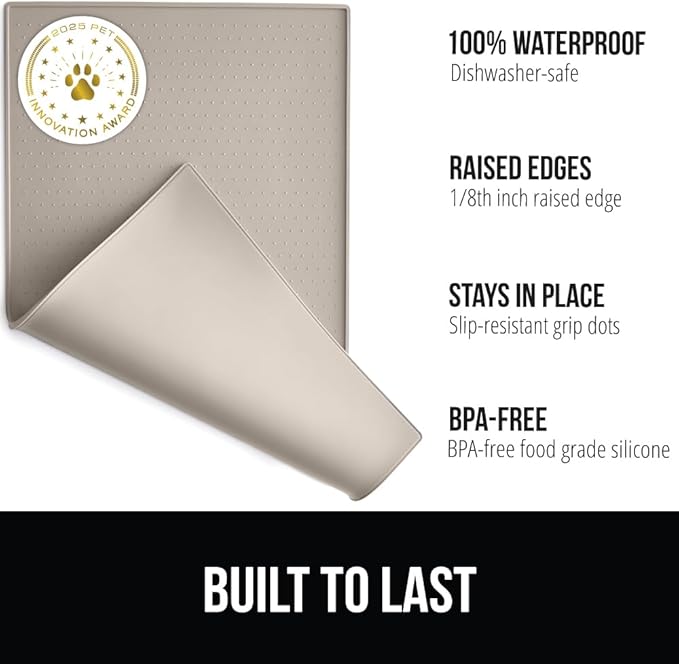 GORILLA GRIP 100% Waterproof Raised Edge BPA Free Silicone Pet Feeding Mat, Dog Cat Food Mats Contain Spills Protects Floors, Placemats for Cats and Dogs Water Bowl, Pets Accessories 16x10, Beige