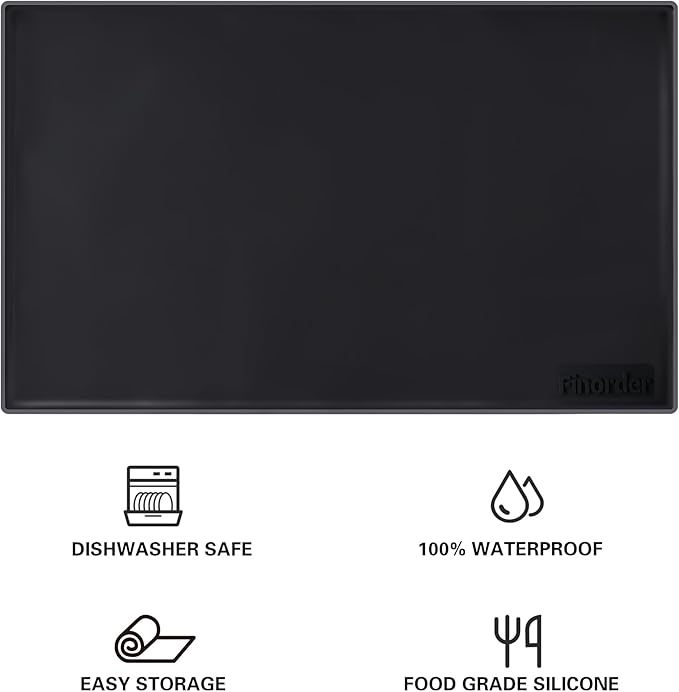 Finorder 34"x 21" 100% Silicone Pet Feeding Mat, Higher Raised Edges and Slip Resistant Pet Food and Water Bowl Mat, Waterproof Pet Food Placemat Silicone Tray, Dishwasher Safe (Black)