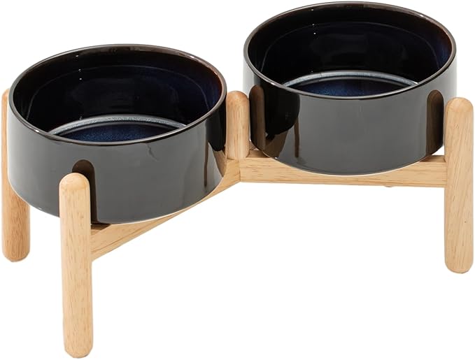 Ceramic 6.1inch Raised Dog Bowl with Stand for Small and Medium Breed Dog Dish Pet Food and Water Bowl (Double Bowl with Stand - Starry Sky, 28oz)