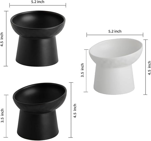 4 Pcs Small Ceramic Raised Cat Bowls, Tilted Elevated Food or Water Bowls, Stress Free, Backflow Prevention, Dishwasher and Microwave Safe, Lead & Cadmium Free(2pc Black + 2pc White)