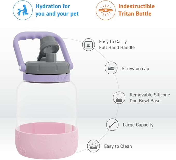 Asobu Buddy Bottle a Stainless Steel Insulated Water Bottle for with Removable Dog Water Bowl and Dog Food and Treat Storage Bowl (Pink, Barkley 50 oz Water Bottle with Bowl)