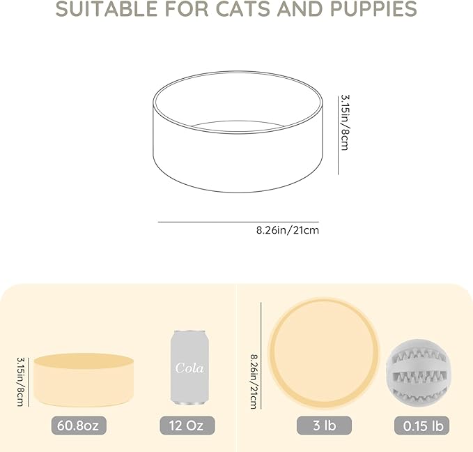 SPUNKYJUNKY 60OZ Ceramic Dog and Cat Bowl, Modern Cute Weighted Food Water Bowl for Replacement Beige (2 Pack)