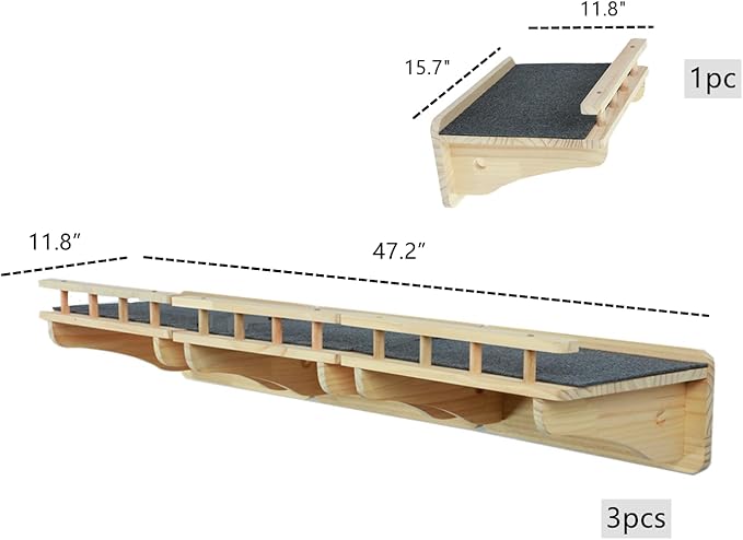 SHENGOCASE 47.2" x 11.8" Natural Solid Wood Wall Mounted Cat Shelves, Superhighway Walkway Balcony Wall Furniture, Steps Stairs, Perch