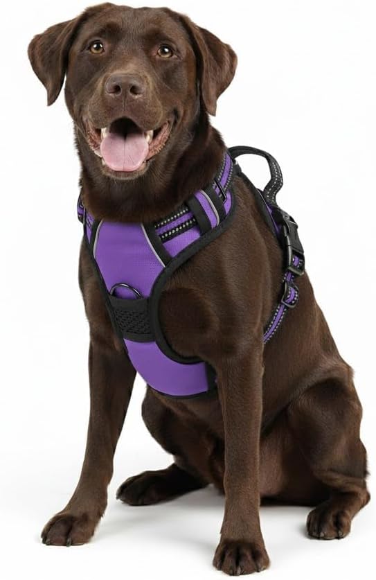No Pull Dog Harness, Reflective Comfortable Vest Harness with Easy Control Handle Adjustable Soft Padded Pet Vest for Small to X-Large Dogs (Purple, X-Large (Approx Weight:49.60-99.20 LB))