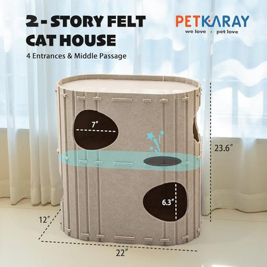 PETKARAY 2-Story Felt Cat House, Large Bed Cave for Indoor Cats, Felt Tunnel Hideaway Condo for Multi-Cat Households, 23.6x22x12 inches, Grey