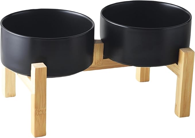 Raised Ceramic Dog Bowl Set - Elevated Dog Bowls with Non Slip Bamboo Stand, Food and Water Bowl Set for Small and Medium Breed Dogs, Pet Bowls, Weighted Dogs Dishes (6'', 2 * 30OZ, Black)