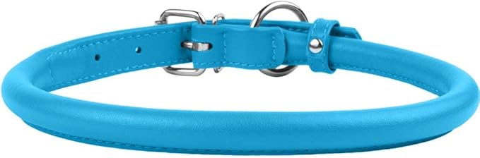 CollarDirect Rolled Leather Dog Collar, Soft Padded Round Puppy Collar, Handmade Genuine Leather Collar Dog Small Large Cat Collars 13 Colors (13-16 Inch, Light Blue Textured)