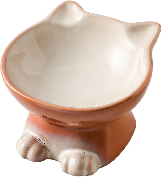 Nihow Elevated Cat/Dog Bowls: 5 Inch Ceramic Raised Cat Food & Water Bowl Set for Protecting Pet's Spine - Feeding & Watering Supplies for Pets - Elegant Brown (4.5 OZ /1 PC)