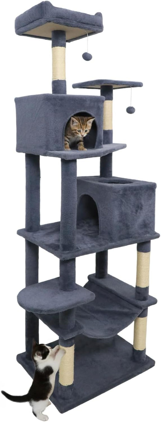 Tangkula Cat Tree for Indoor Cats, 75 Inch Extra Tall Cat Tower with Sisal Scratching Post, Padded Top Perch, Dual Condos, Hammock, 2 Dangling Balls, Platforms, Multi-Level Cat Climbing Furniture