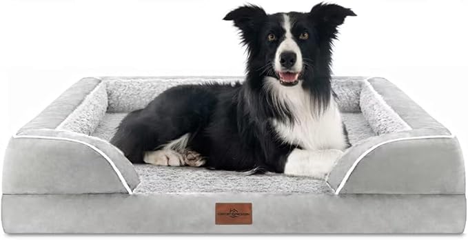 Comfort Expression Orthopedic Dog Bed for Large Dogs 38x25 Inch, Waterproof Egg Crate Foam Large Pet Bed with Removable Bolsters, Dog Couch with Washable Cover & Non-Slip Bottom, Grey White