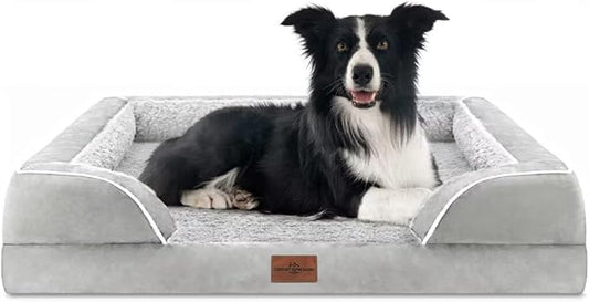 Comfort Expression Orthopedic Dog Bed for Large Dogs 38x25 Inch, Waterproof Egg Crate Foam Large Pet Bed with Removable Bolsters, Dog Couch with Washable Cover & Non-Slip Bottom, Grey White