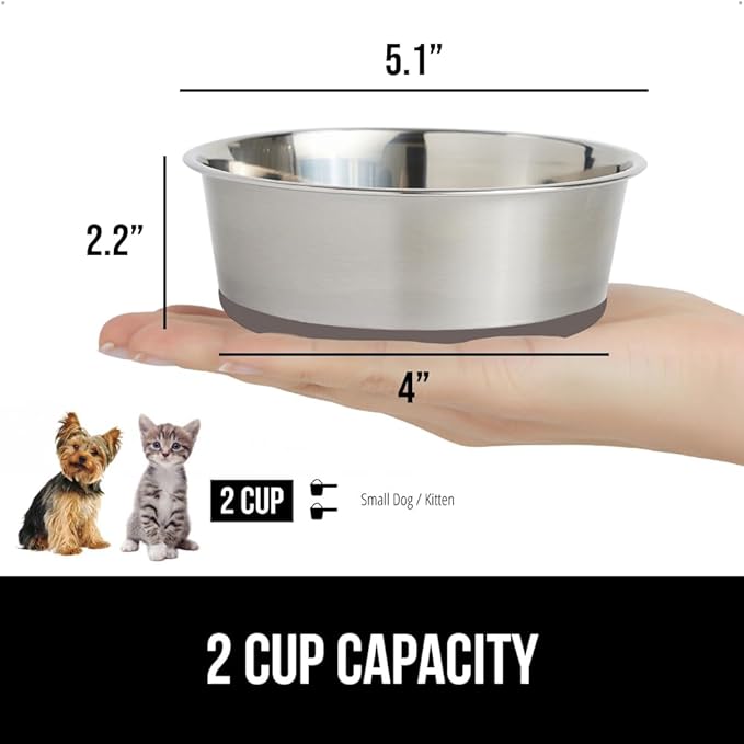 GORILLA GRIP Dog Bowls, Holds 2 Cups Each (16 fl oz), Heavy Duty Stainless Steel Food and Water Bowl for Feeding Dogs and Cats, Dishwasher Safe, Rust Resistant, BPA Free Rubber Base, Set of 2 Beige