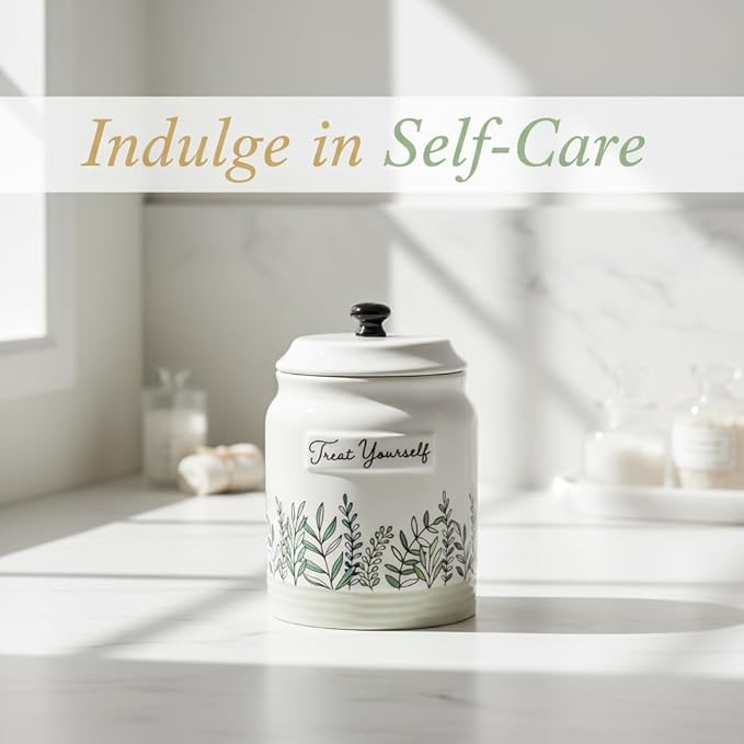Young's Inc Quiet Cottage Ceramic Treat Jar with Airtight Lid, Leaf Botanical Design, Decorative Kitchen Counter Storage Canister for Snacks, Cookies, or Pet Treats, 8.3 Inch
